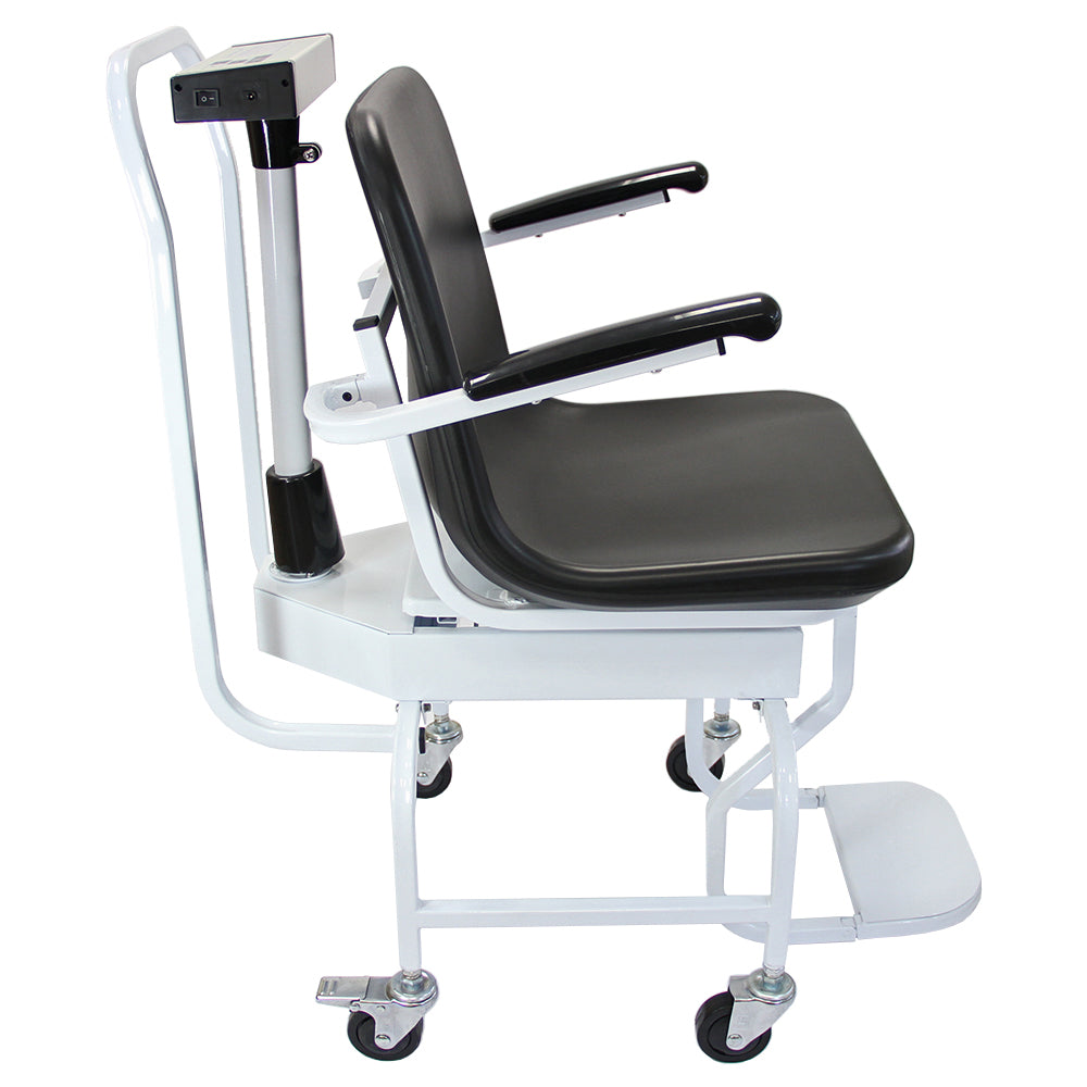Commercial disability wheelchair scales with a sturdy white frame, black padded seat, armrests, and a digital display for easy weight measurement
