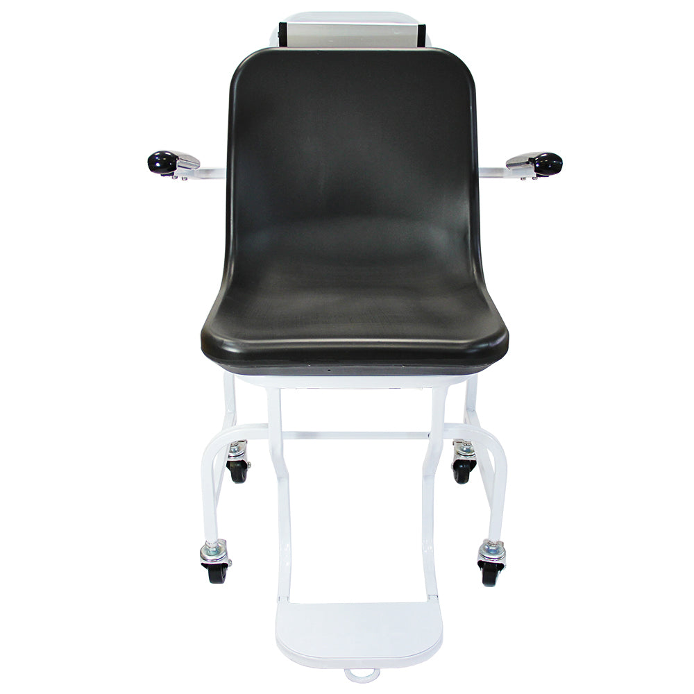 Commercial disability wheelchair scales featuring a sturdy black seat, adjustable armrests, and a white metal frame with wheels for mobility