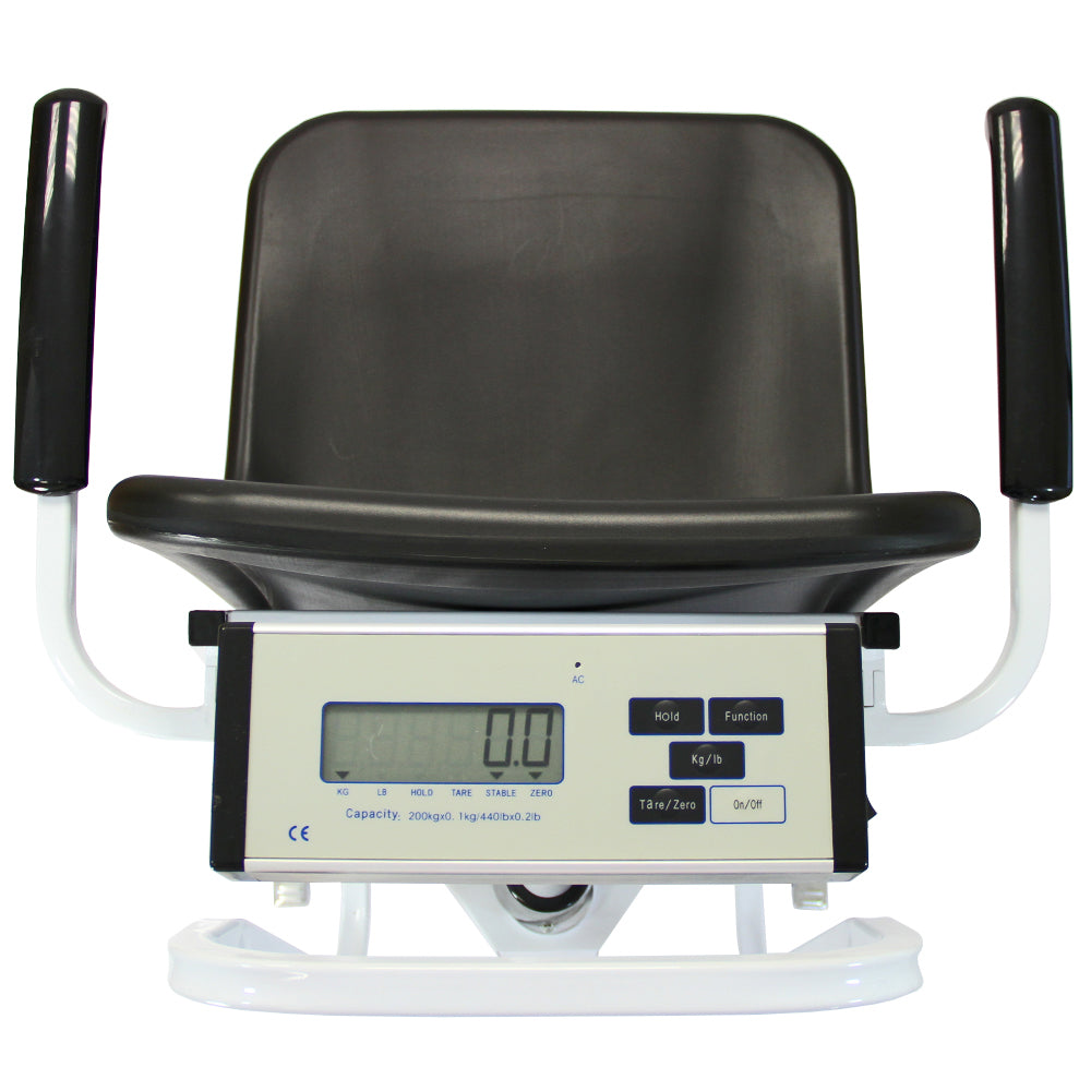 Commercial disability wheelchair scales with a sturdy black seat, digital display, and ergonomic handles for easy use