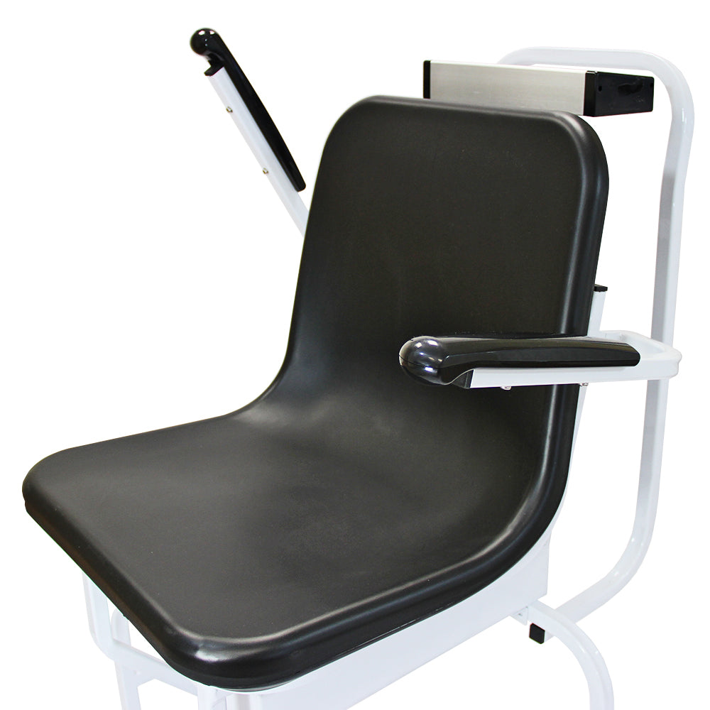 Black padded seat wheelchair scale with sturdy white frame, adjustable armrests, and a sleek, modern design for accessibility