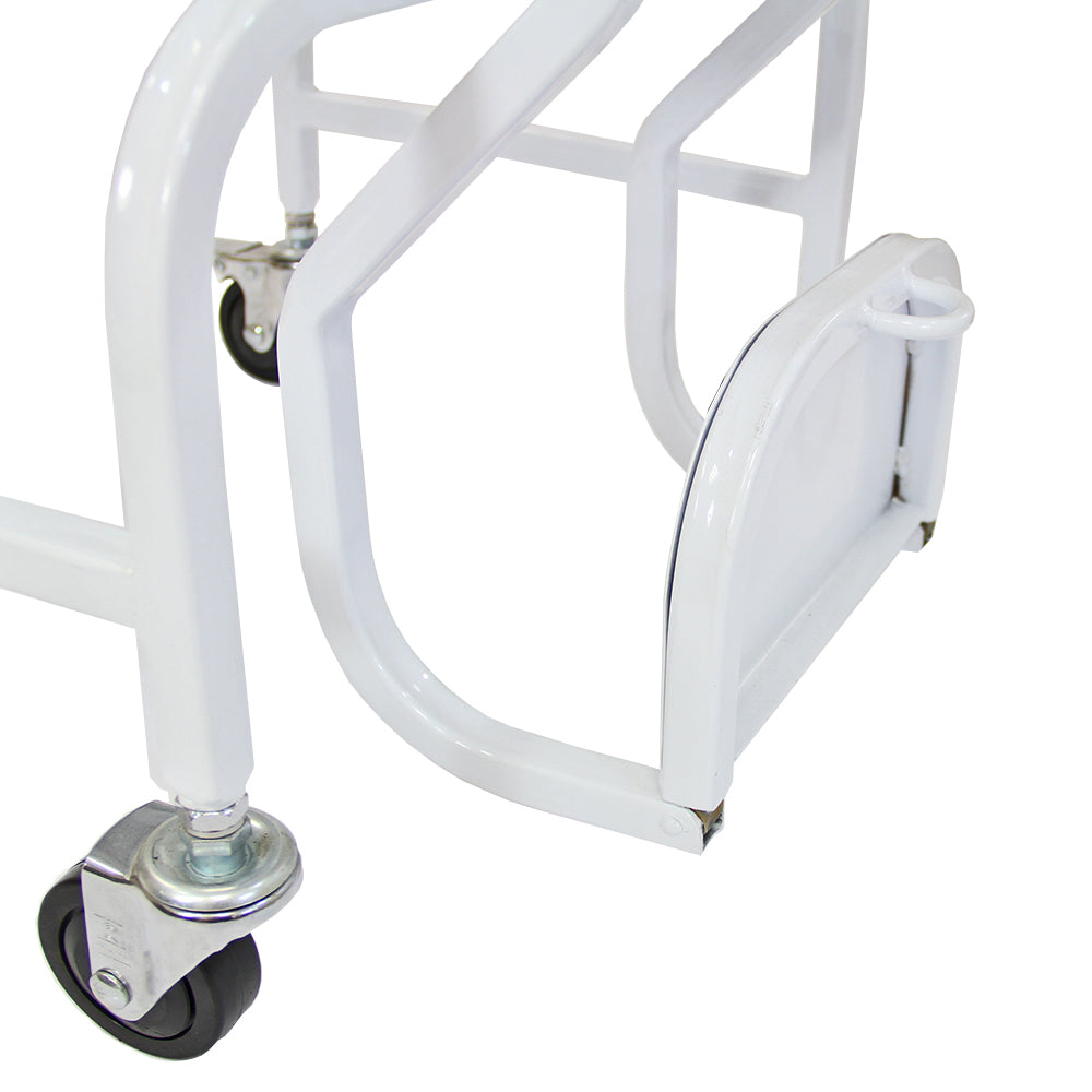 White metal wheelchair scale with sturdy frame, smooth wheels for mobility, and a secure footrest for user safety and comfort