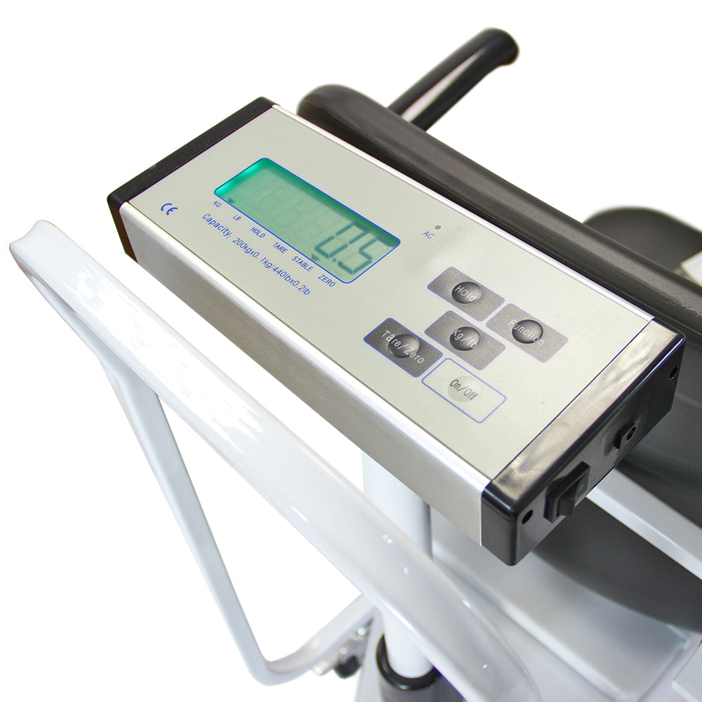 Digital display of commercial disability wheelchair scales, featuring a sleek silver panel, buttons, and a clear green screen for easy reading