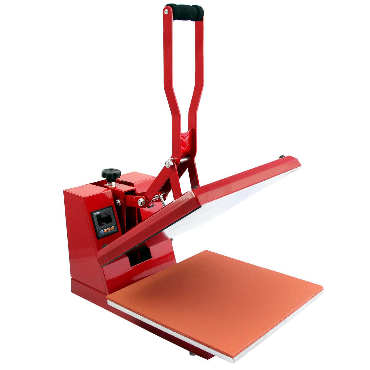 Red clam heat press with a sturdy handle, flat heating plate, and adjustable temperature control, ideal for vinyl printing projects