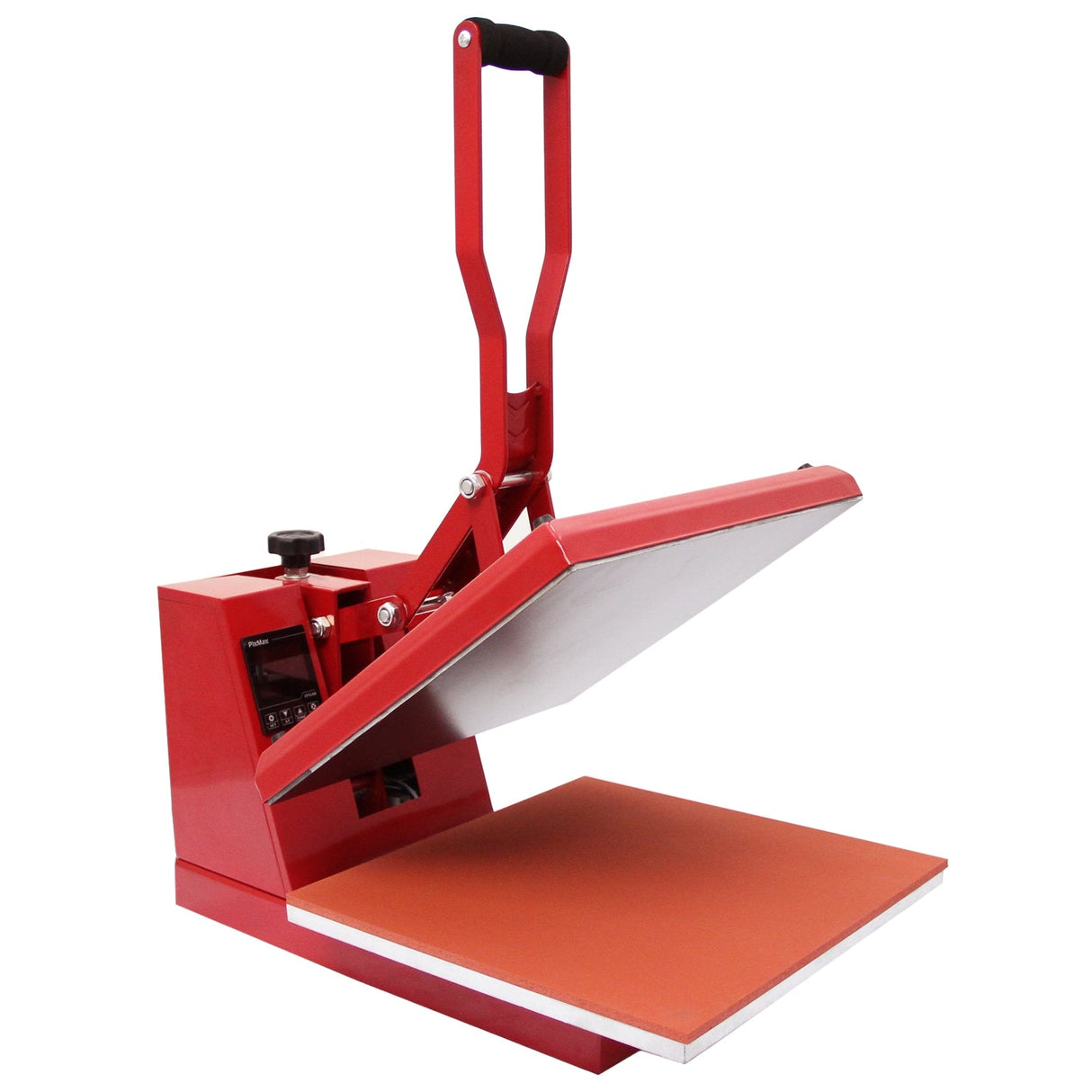 Bright red PixMax 38cm clam heat press with a sturdy handle, open to reveal a smooth orange pressing surface for heat transfer projects