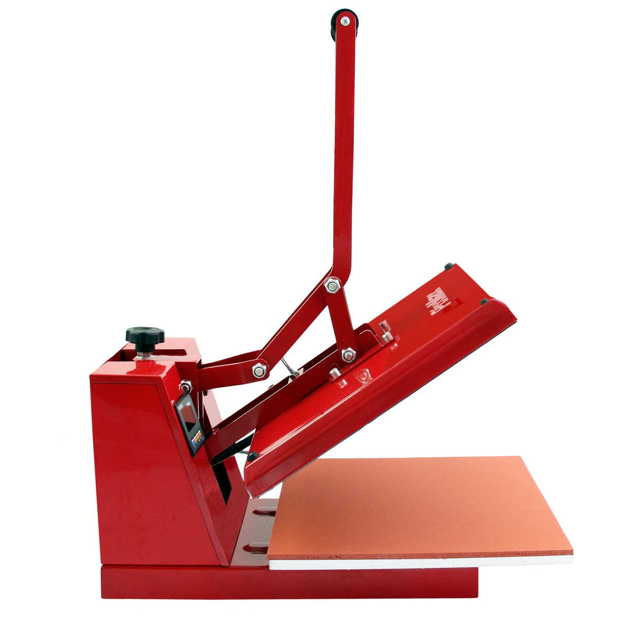 Red PixMax 50cm clam heat press with a sturdy handle, flat pressing surface, and adjustable temperature settings for vinyl projects