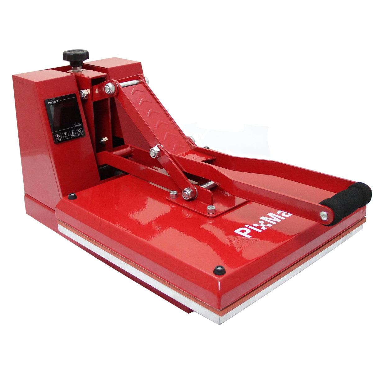 Red PixMax 38cm clam heat press with a sturdy handle, digital control panel, and smooth, glossy surface for vinyl printing