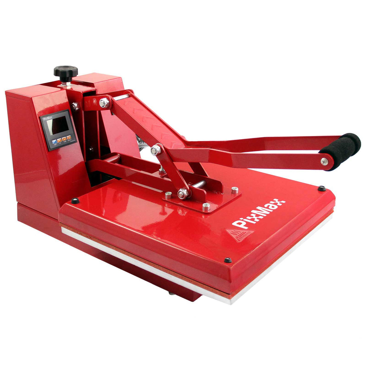 Bright red PixMax 50cm clam heat press with adjustable handle, digital display, and sturdy base for vinyl printing projects