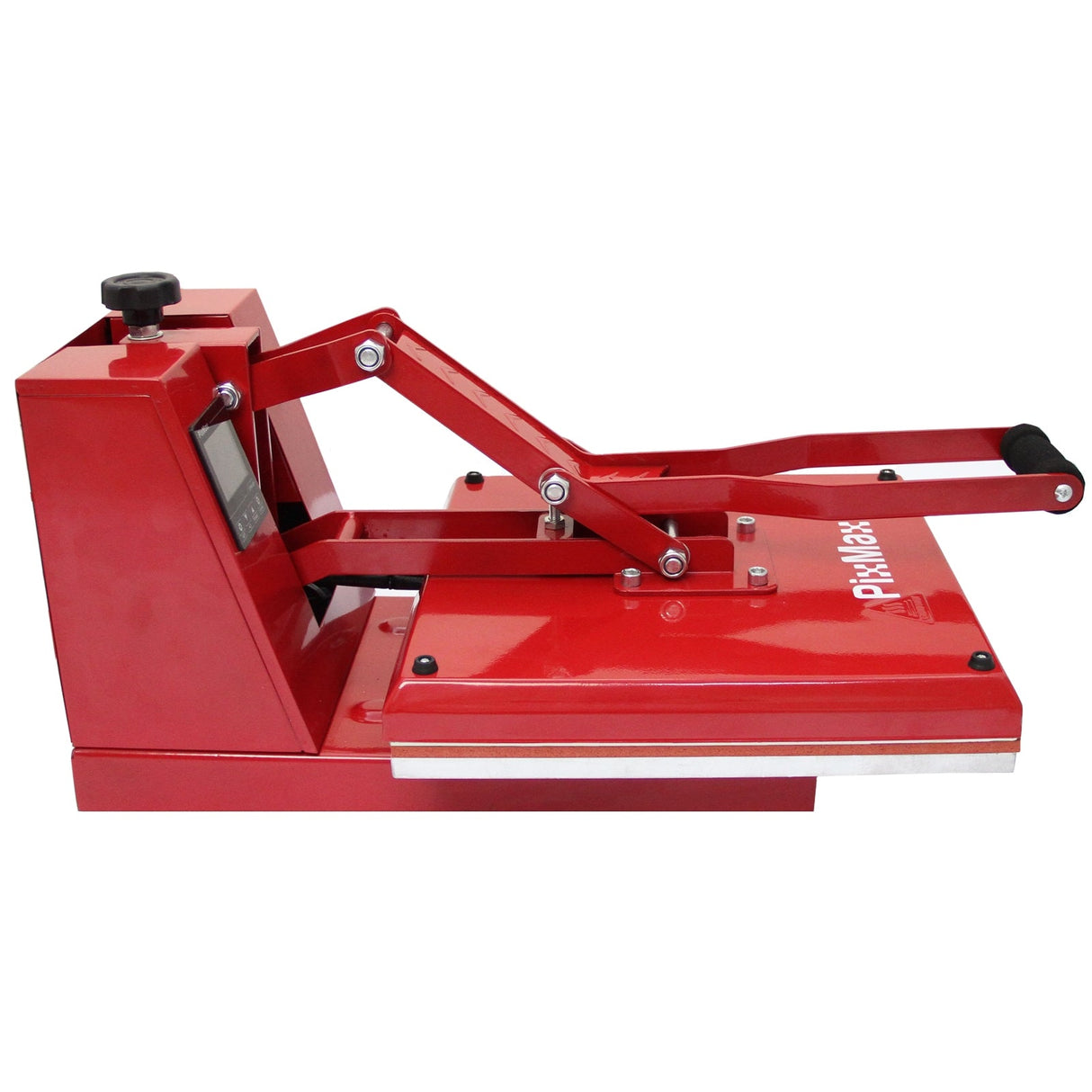 Bright red PixMax 38cm clam heat press with a sturdy handle, flat heating plate, and digital display for precise temperature control