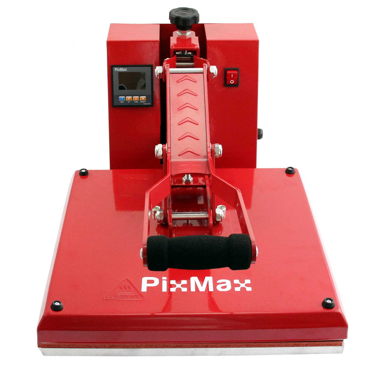 Bright red PixMax 50cm clam heat press with a sturdy handle, digital display, and a smooth, flat heating surface for vinyl projects