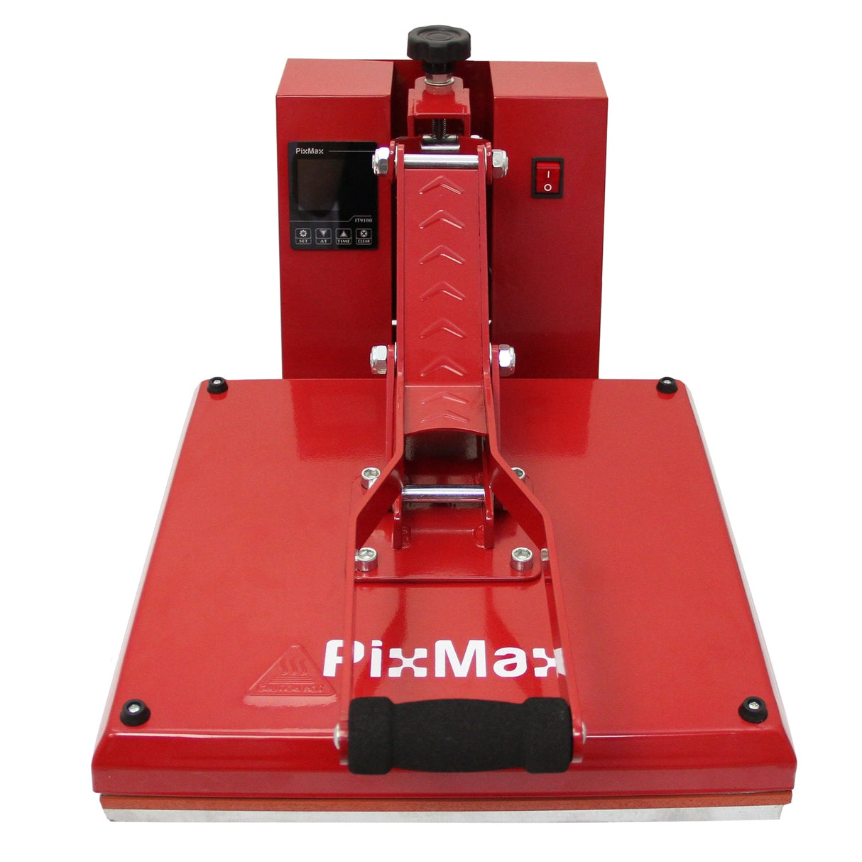 Bright red PixMax 38cm clam heat press with a sturdy handle, digital display, and adjustable pressure for vinyl printing projects
