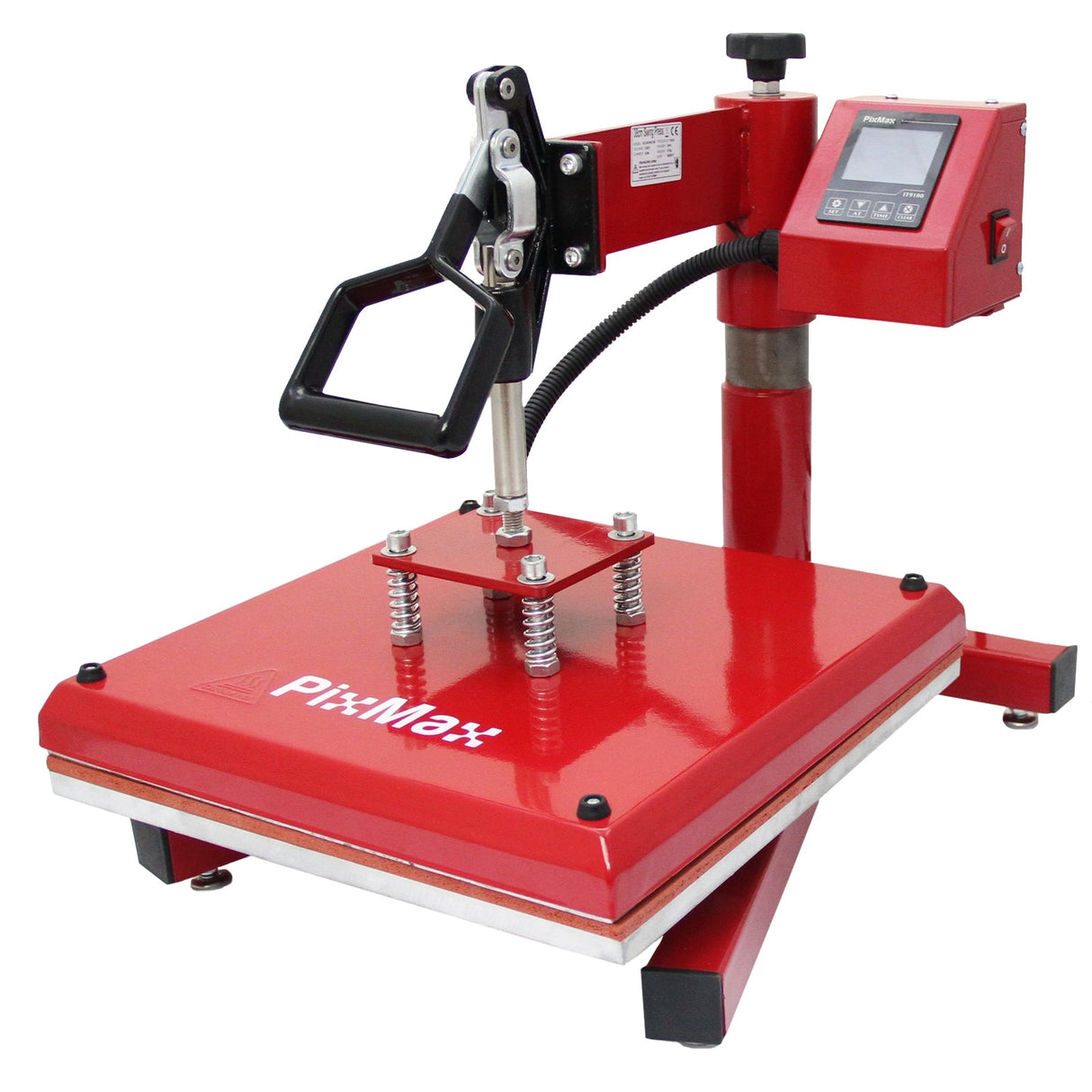 Pixmax 38cm heat press with a sleek red finish, featuring a sturdy handle, adjustable pressure knobs, and a digital control panel