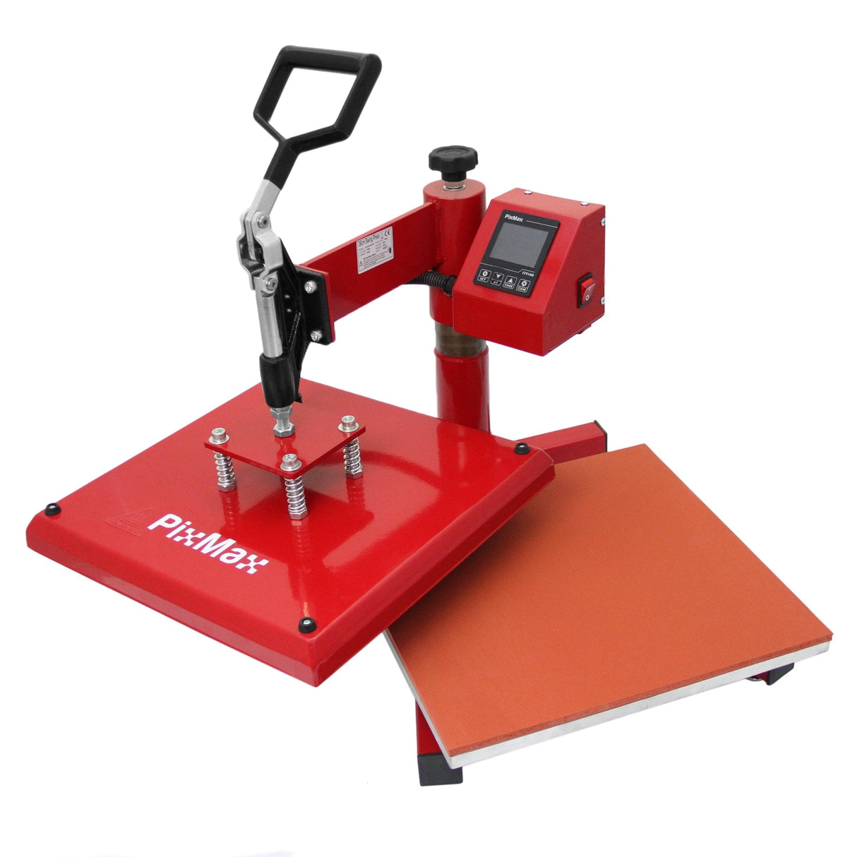 Red Pixmax 38cm heat press with adjustable handle, digital display, and a flat heating plate, ideal for vinyl printing projects