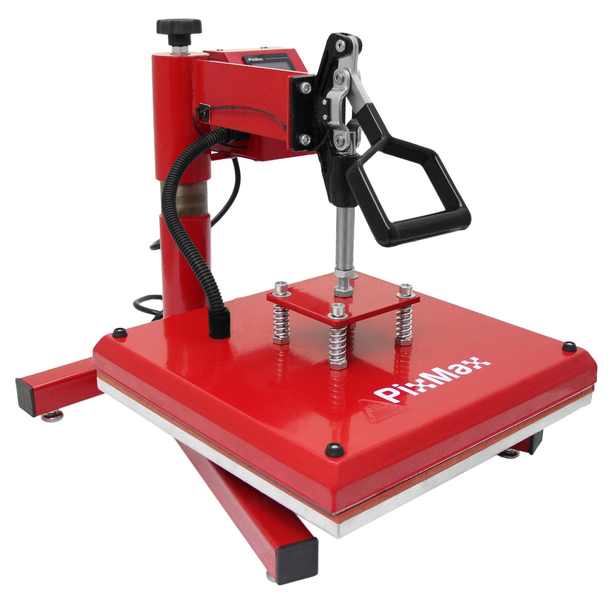 Red Pixmax 38cm heat press with adjustable handle, sturdy base, and metallic heating plate, ideal for vinyl printing projects
