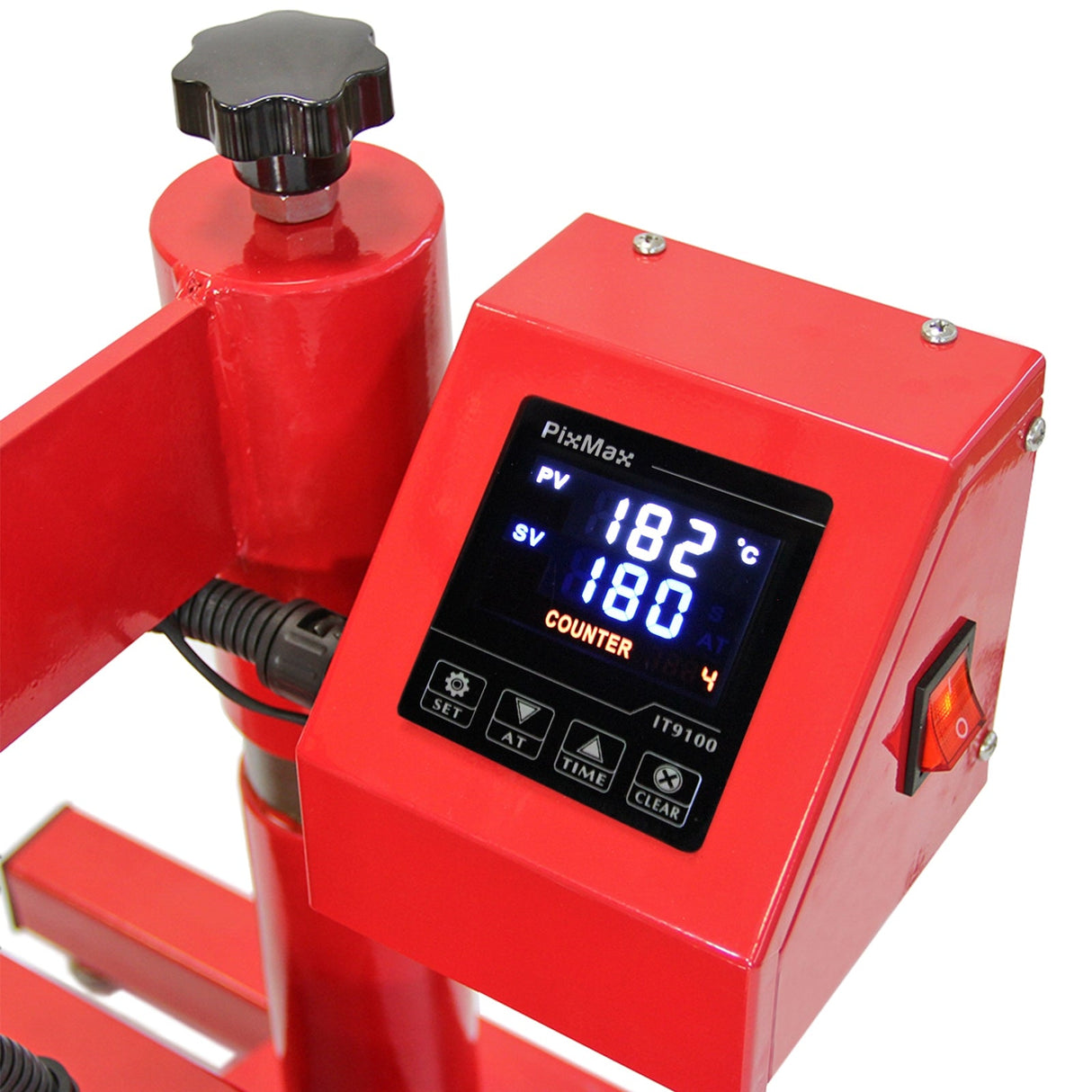 Bright red Pixmax heat press with a digital display showing temperature settings, featuring a sturdy design and adjustable knob