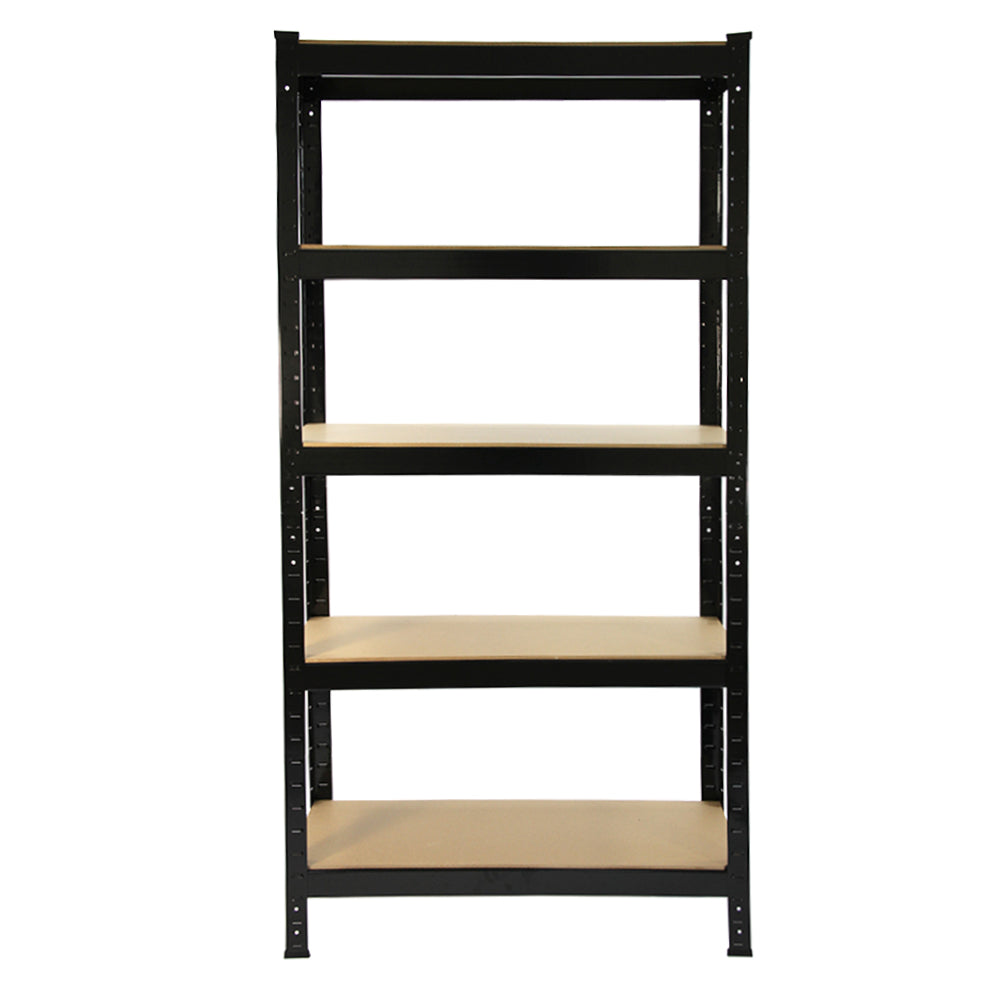 Heavy-duty black shelving unit with four sturdy shelves, measuring 75cm wide and 30cm deep, ideal for storage and organization
