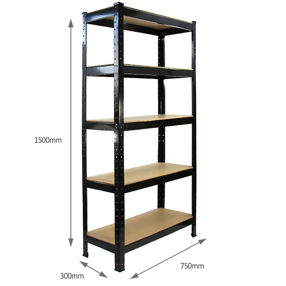 Heavy-duty black shelving unit with five wooden shelves, measuring 75cm wide and 30cm deep, ideal for storage and organization