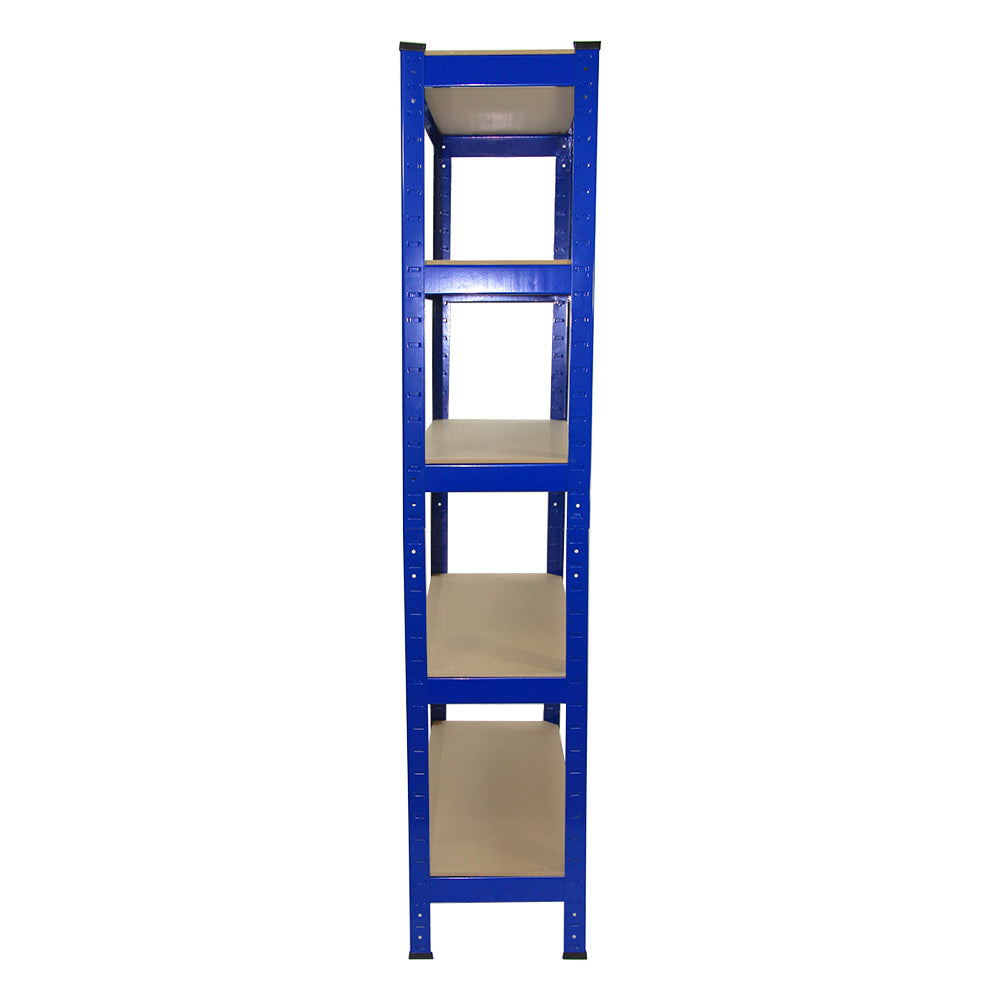 Heavy-duty blue shelving unit with four sturdy shelves, each 75cm wide and 30cm deep, designed for efficient storage and organization