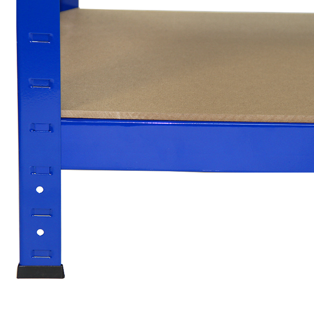 Heavy-duty blue steel shelving unit with five tiers and smooth wooden shelves, ideal for garage or warehouse storage solutions