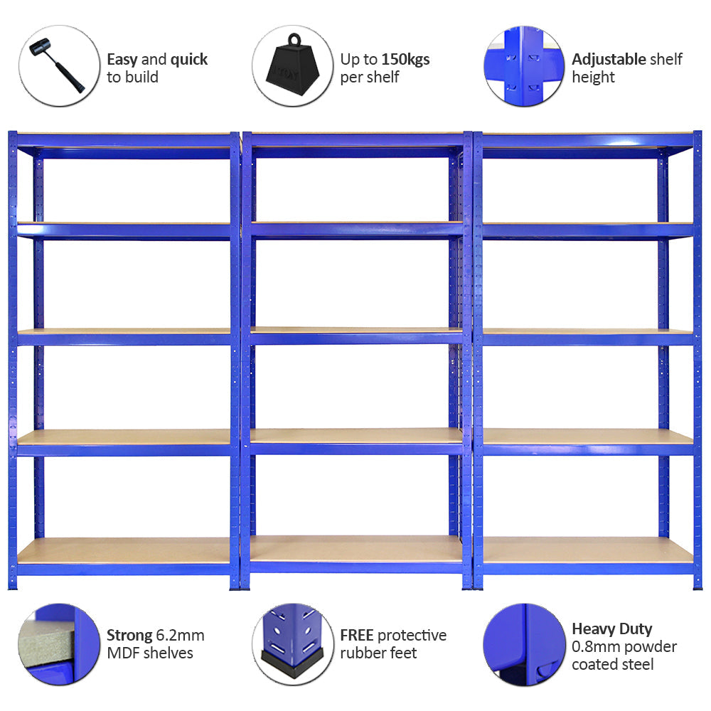 Heavy-duty blue shelving unit with six adjustable MDF shelves, capable of holding up to 150kg per shelf, featuring rubber feet for stability