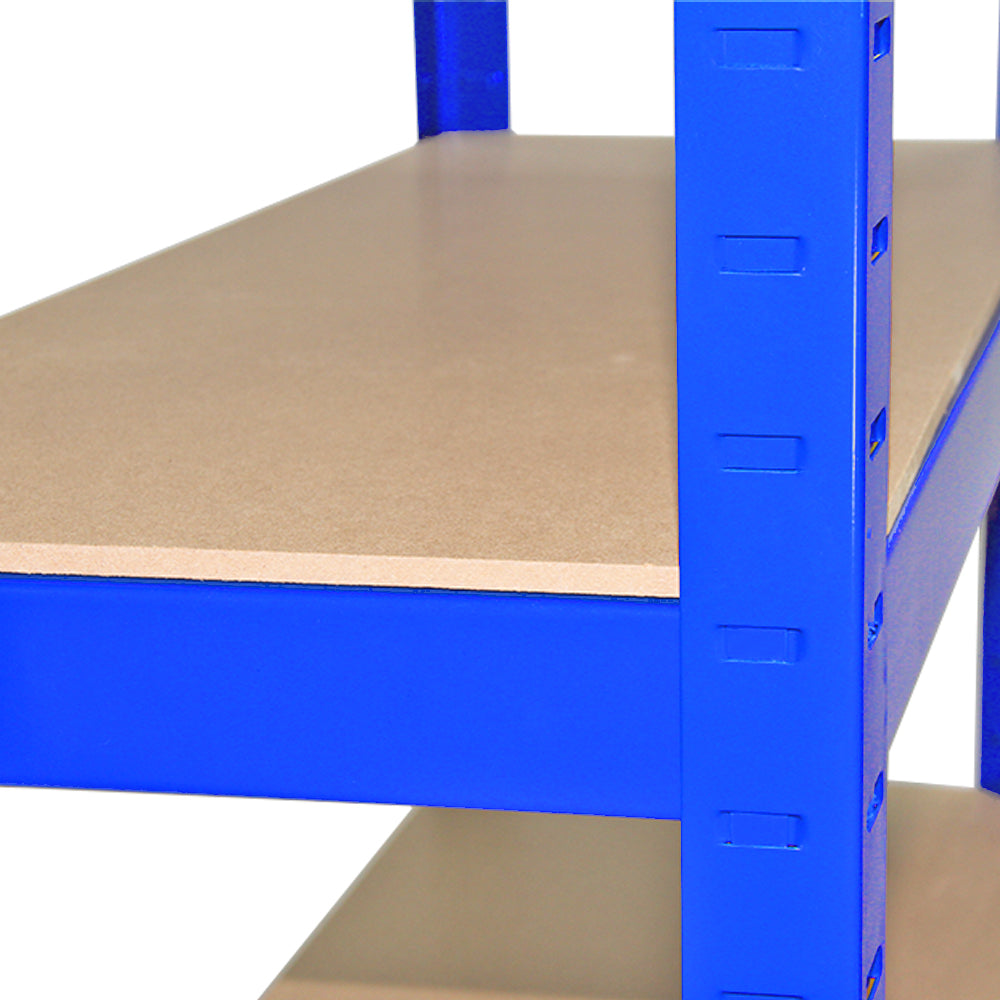 Heavy-duty blue steel shelving unit with five tiers, featuring smooth, sturdy MDF shelves ideal for garage or warehouse storage