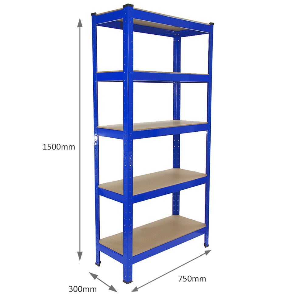 Heavy-duty blue steel racking storage shelving unit with five tiers, measuring 1500mm tall and 750mm wide, ideal for garage organization