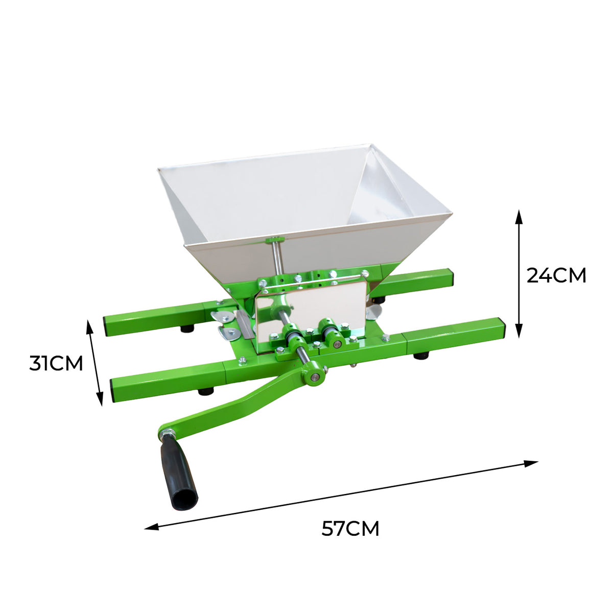 Sturdy green fruit crusher with a large aluminum hopper, measuring 57cm wide, 31cm long, and 24cm high, ideal for juicing fruits