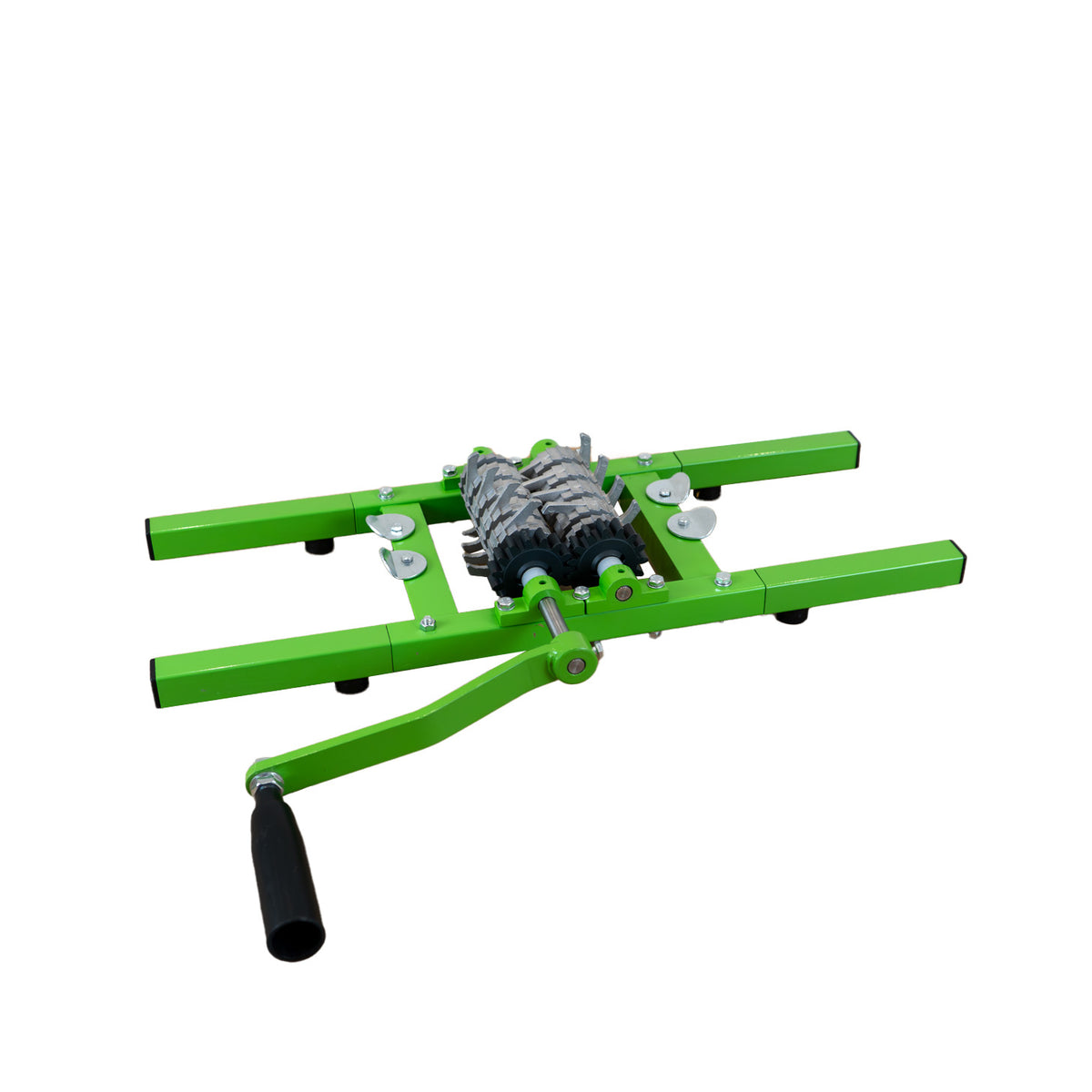 Bright green 7-litre fruit crusher with a sturdy metal frame, textured rollers for efficient crushing, and a comfortable handle