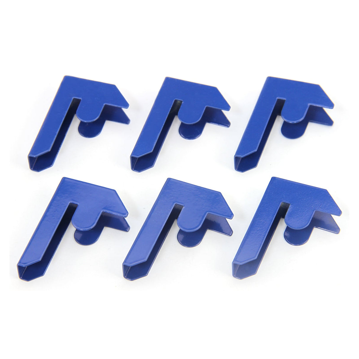 Blue T-Rax bay connectors in a pack of six, featuring a sturdy plastic design with a pointed shape for secure shelving assembly