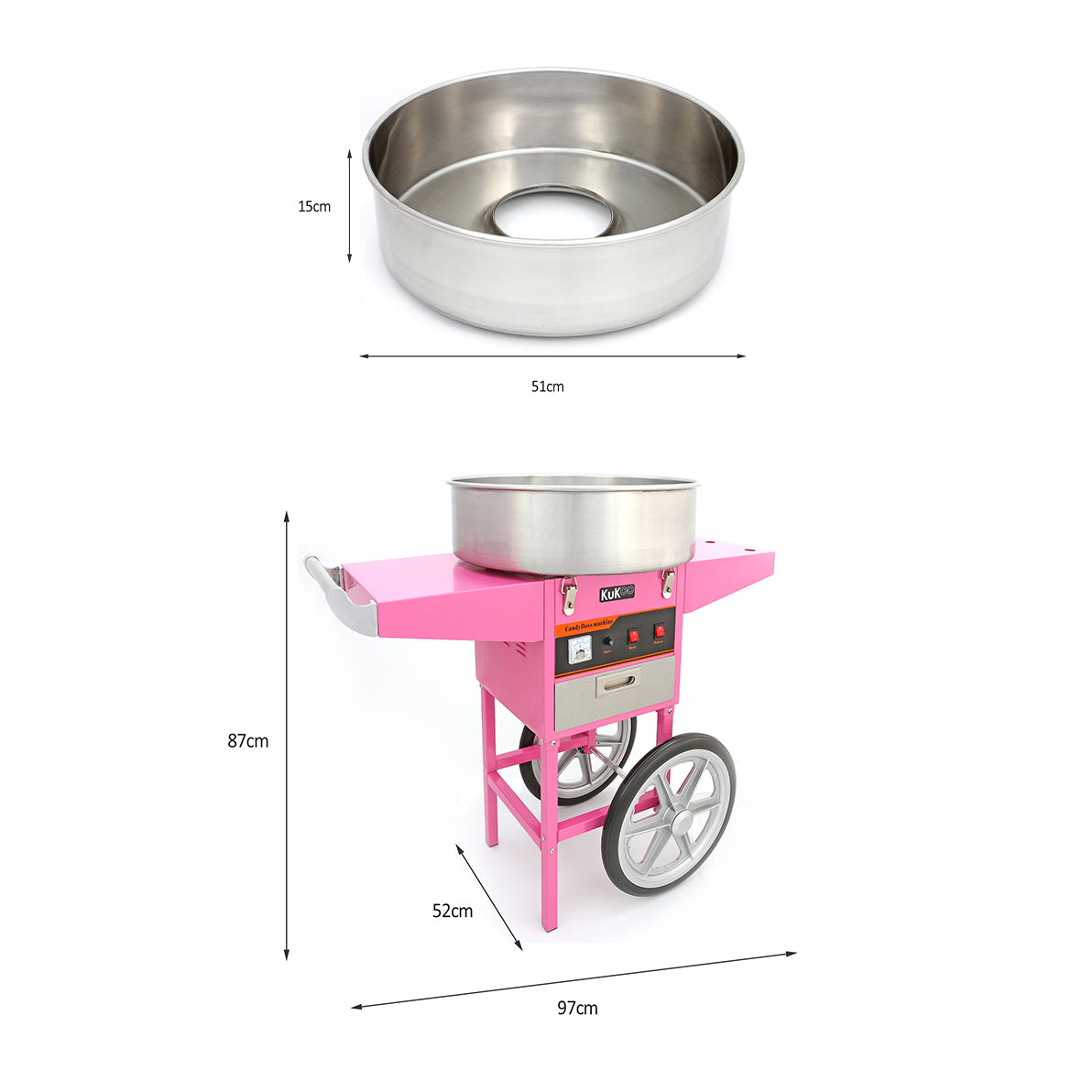 Stainless steel cotton candy machine with a vibrant pink cart, featuring wheels and control panel, dimensions 51cm x 87cm x 97cm