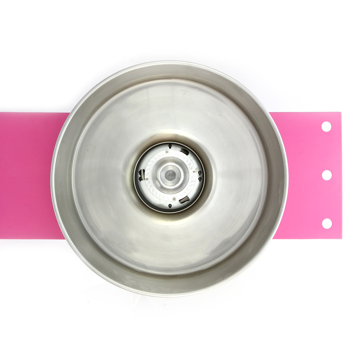 Stainless steel mixing bowl with a smooth, shiny surface, set on a vibrant pink silicone mat for stability and grip