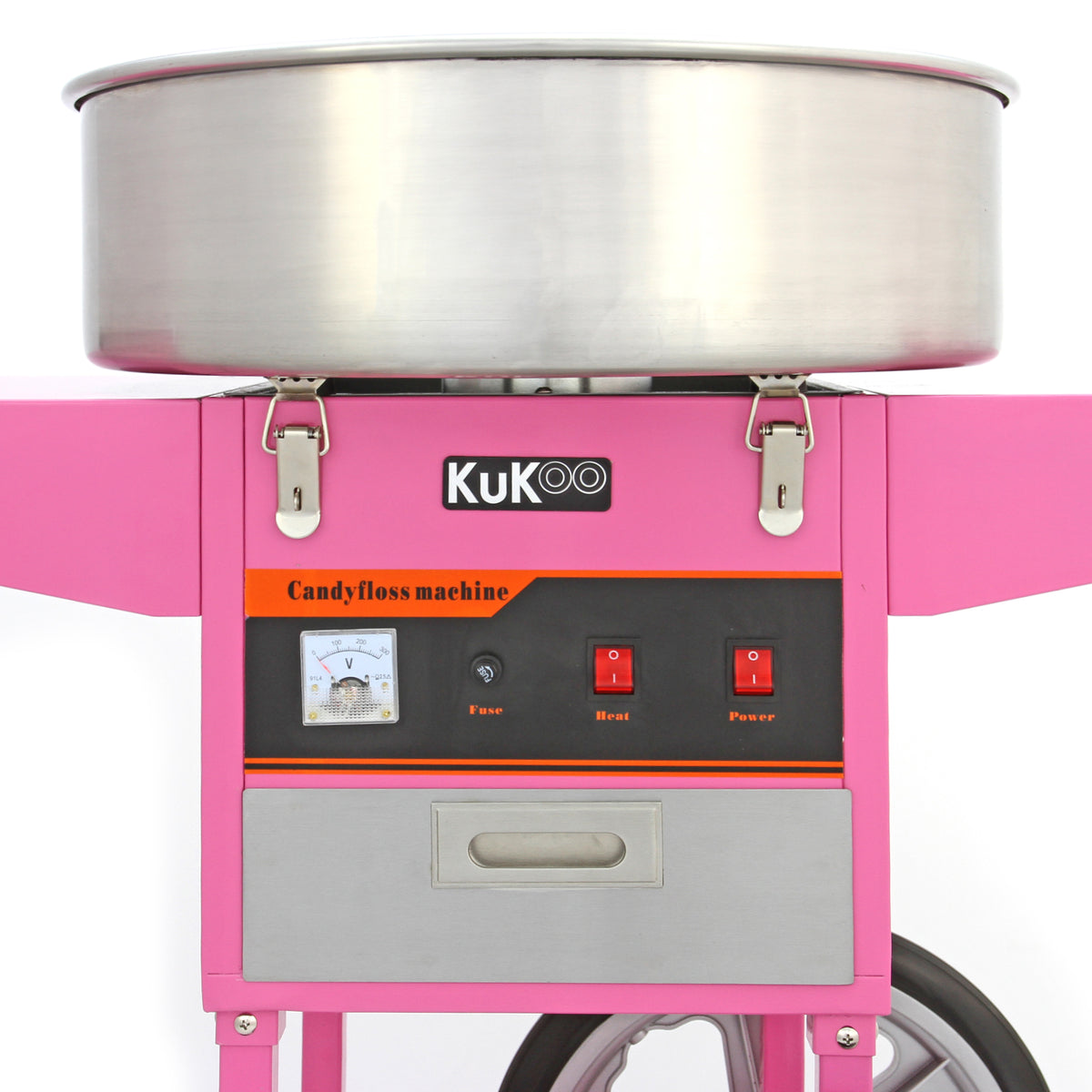 Bright pink candy floss machine with a stainless steel bowl, featuring control buttons for heat and power, ideal for events