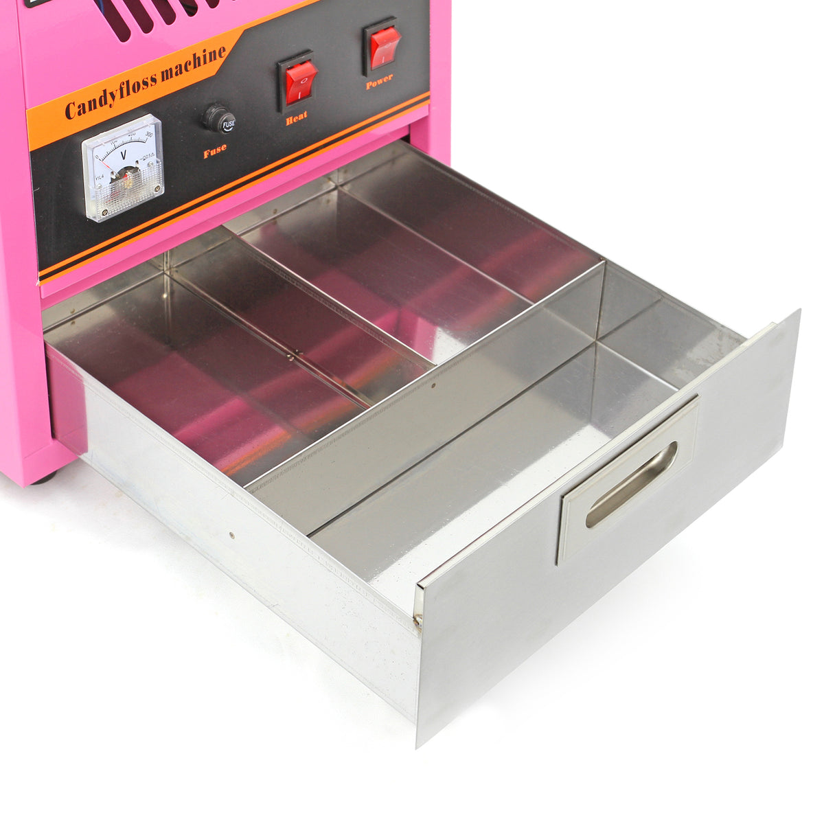Bright pink candy floss machine with a shiny stainless steel drawer, featuring red control buttons and a gauge for temperature settings