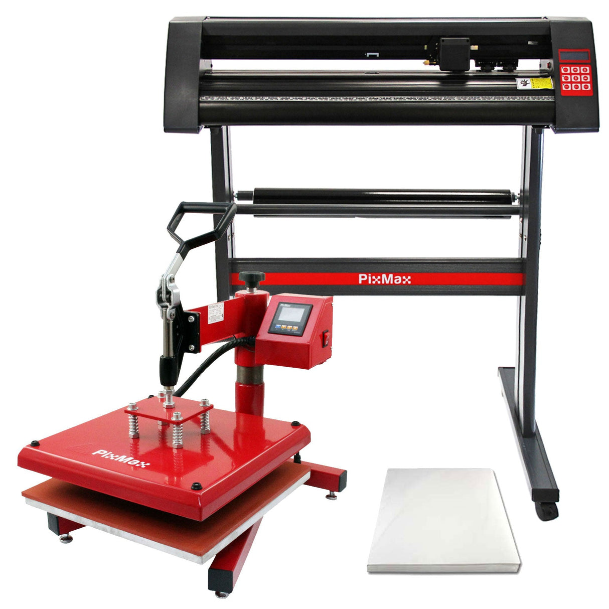 PixMax 38cm swing heat press in red with vinyl cutter, featuring a sturdy base, control panel, and a flat pressing surface for custom designs