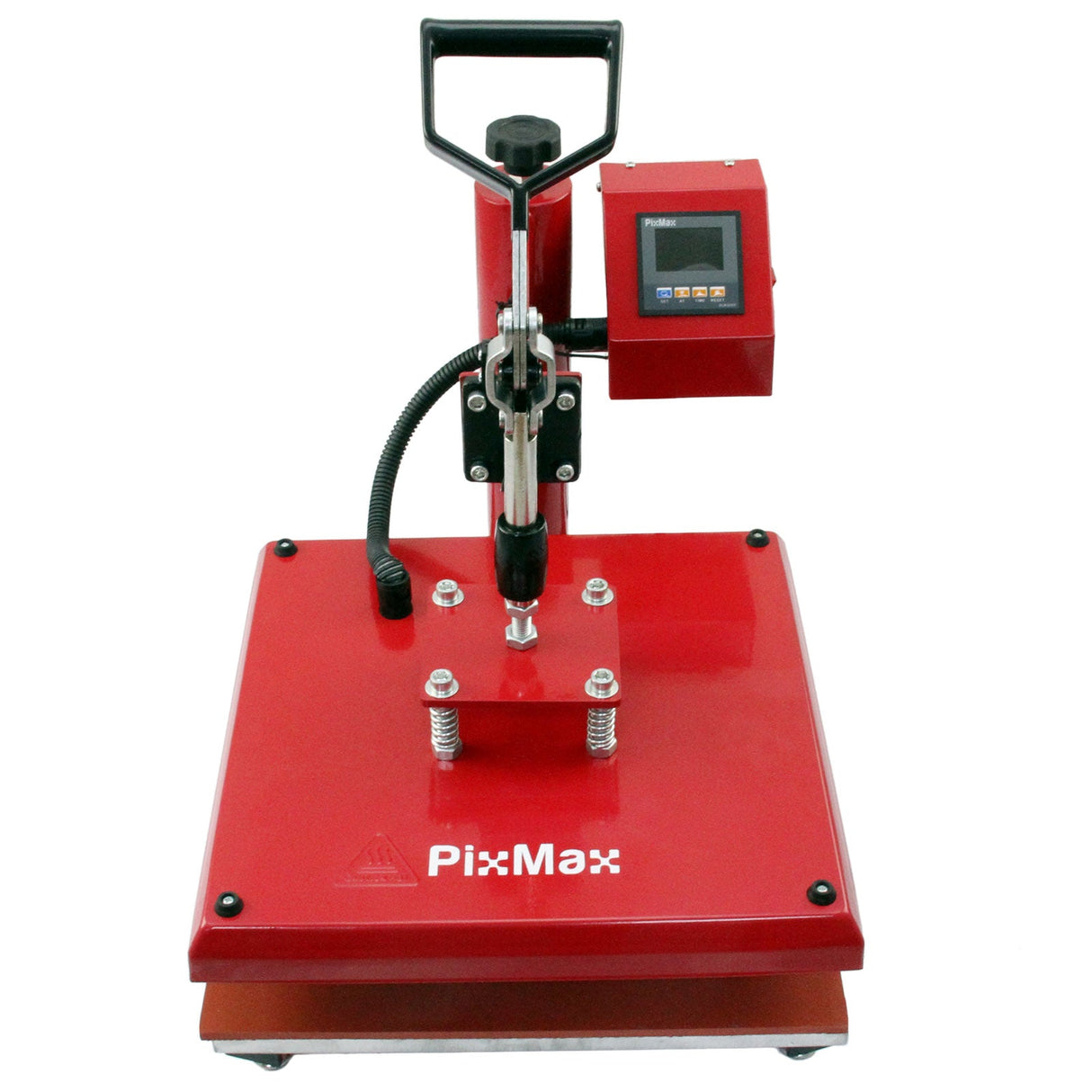 Red PixMax 38cm swing heat press with a digital display, sturdy handle, and adjustable pressure knobs for precise heat transfer