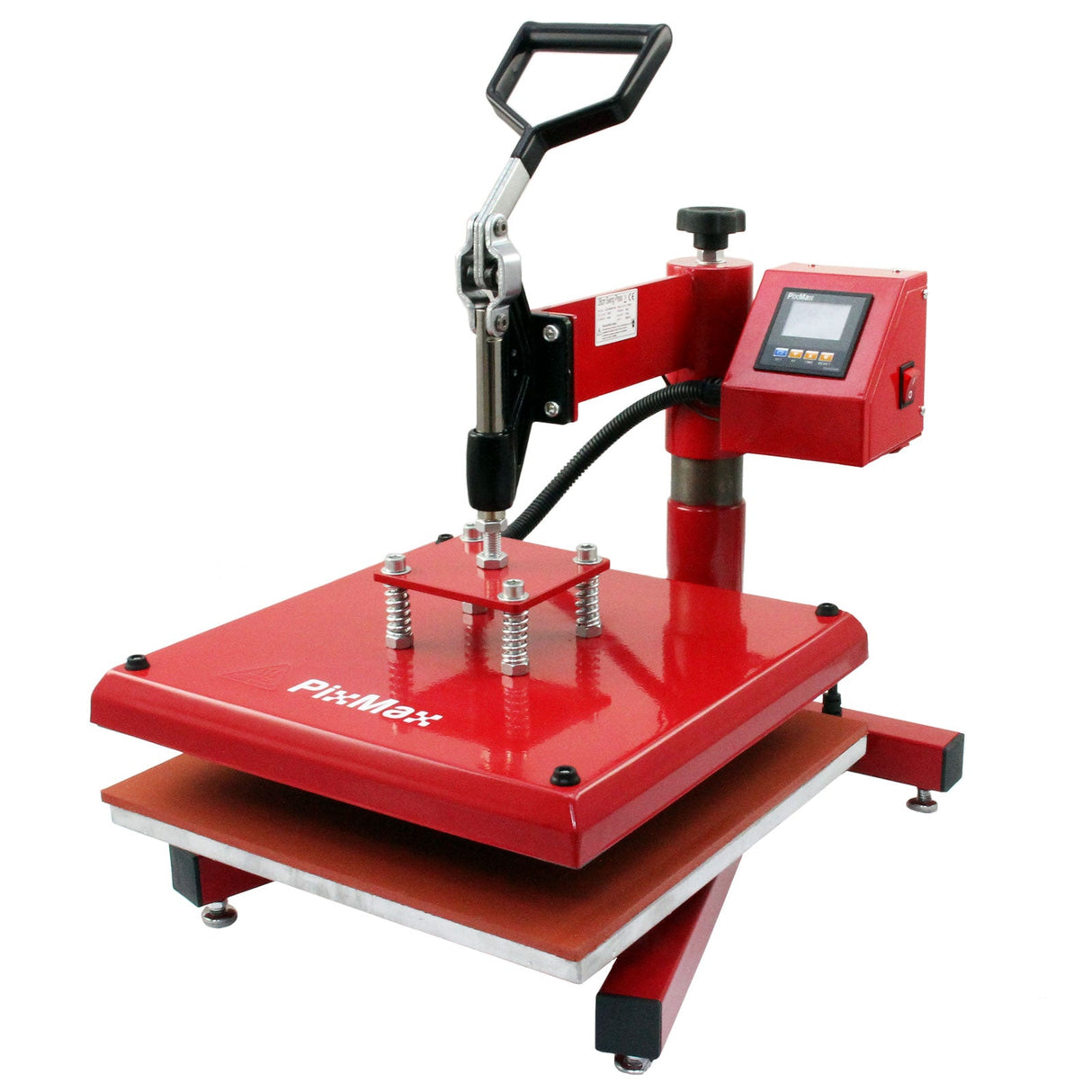 Red PixMax 38cm swing heat press with a sturdy handle, digital control panel, and a flat heating surface for vinyl printing