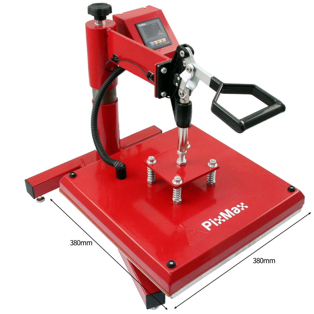 Red PixMax 38cm swing heat press with adjustable handle, digital display, and sturdy base, ideal for vinyl printing projects