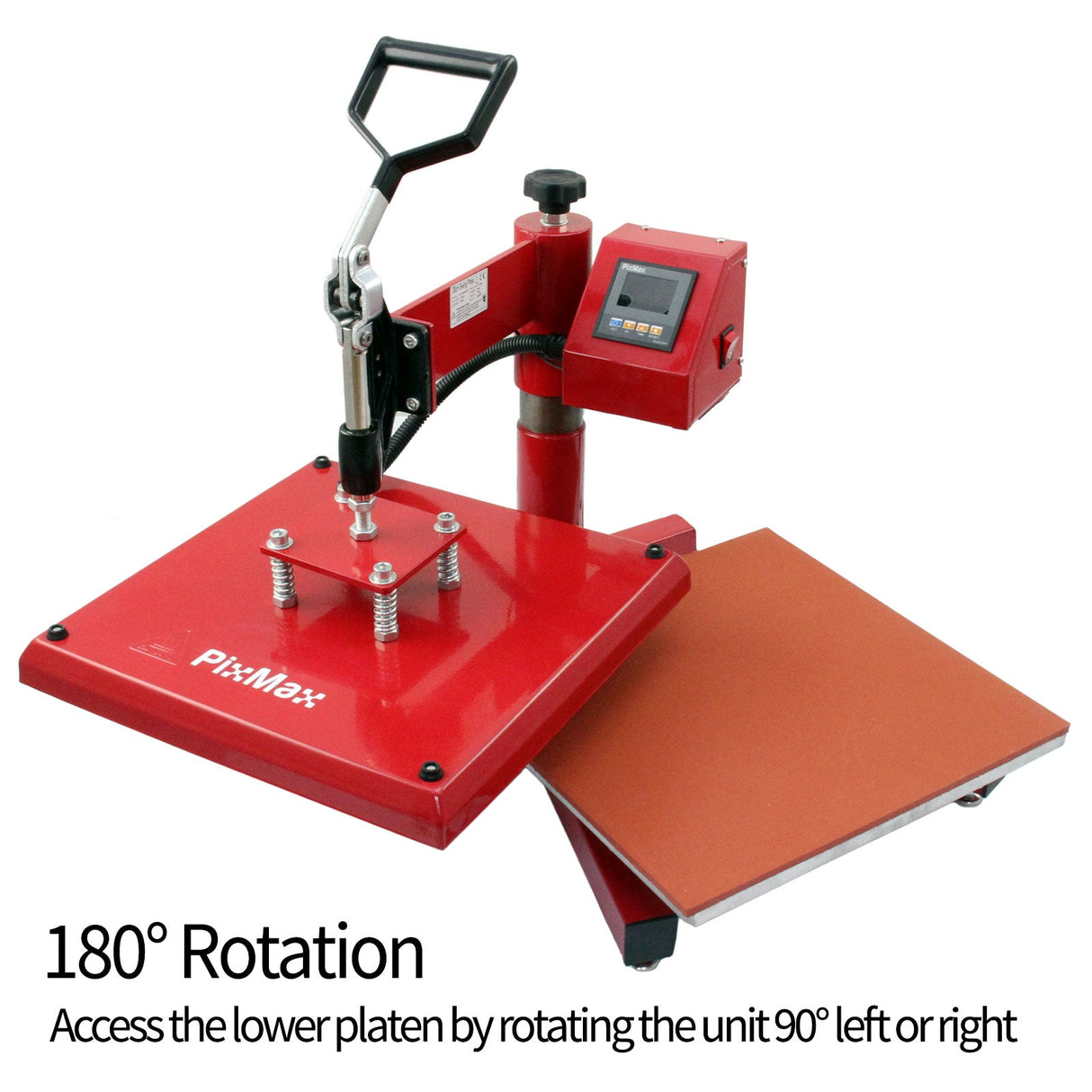 Red PixMax 38cm swing heat press with a sturdy handle, adjustable platen, and digital display for precise temperature control
