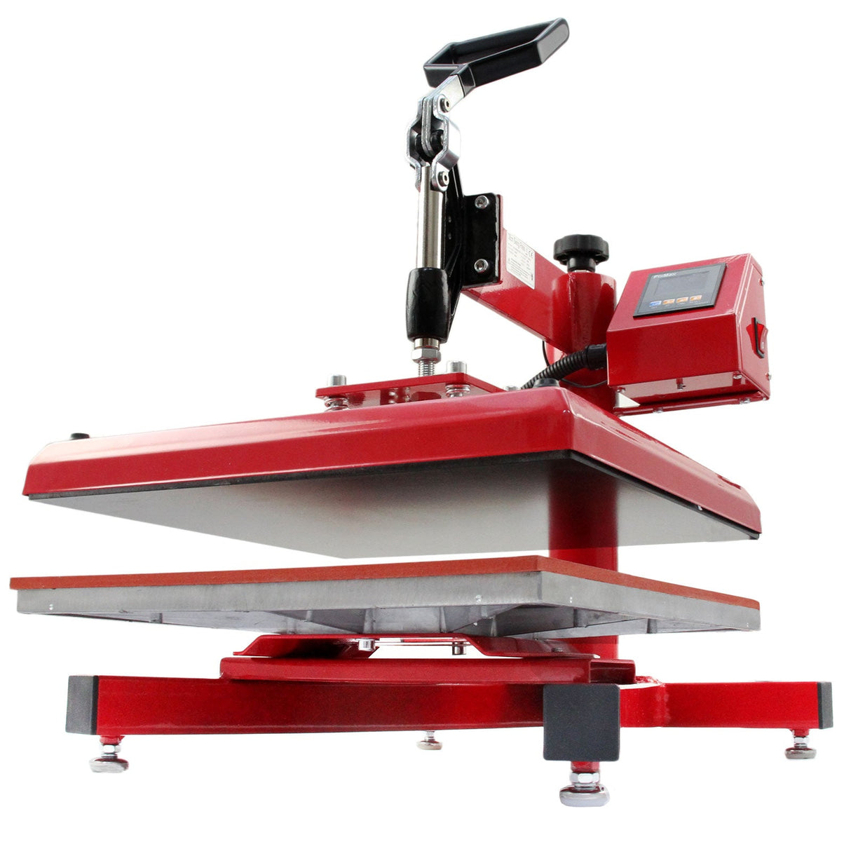 Red and silver PixMax 38cm swing heat press with a sturdy base, adjustable handle, and digital display for precise temperature control