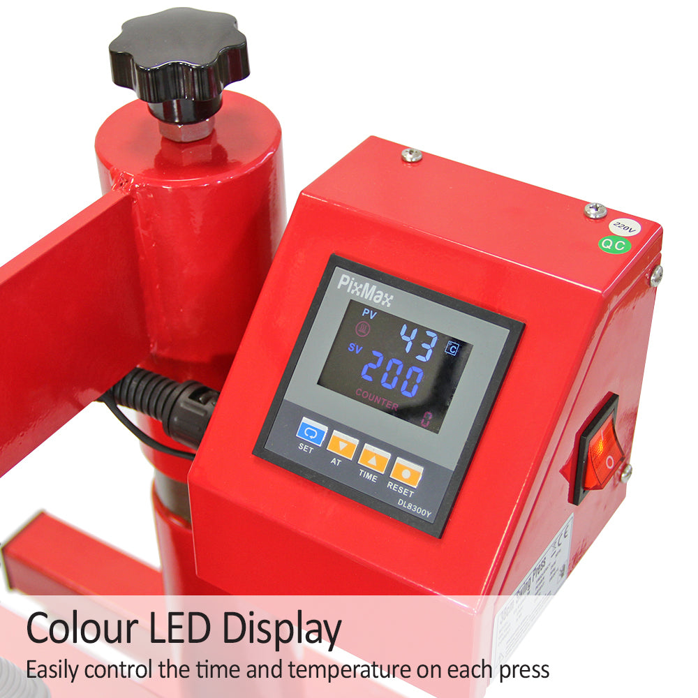 Bright red PixMax heat press with a color LED display showing time and temperature settings for precise control during use