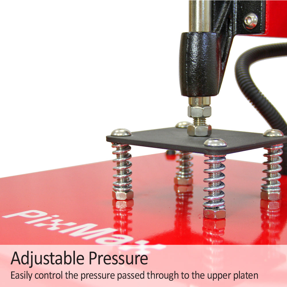 Adjustable pressure mechanism on PixMax 38cm Swing Heat Press with red base and metallic components for precise control