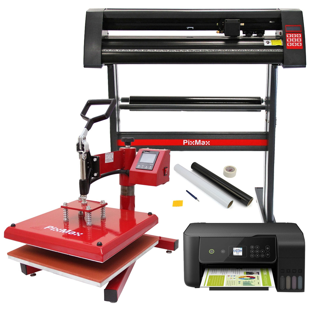 PixMax 38cm swing heat press in red, vinyl cutter, black printer, and weeding tools, ideal for custom apparel and crafts
