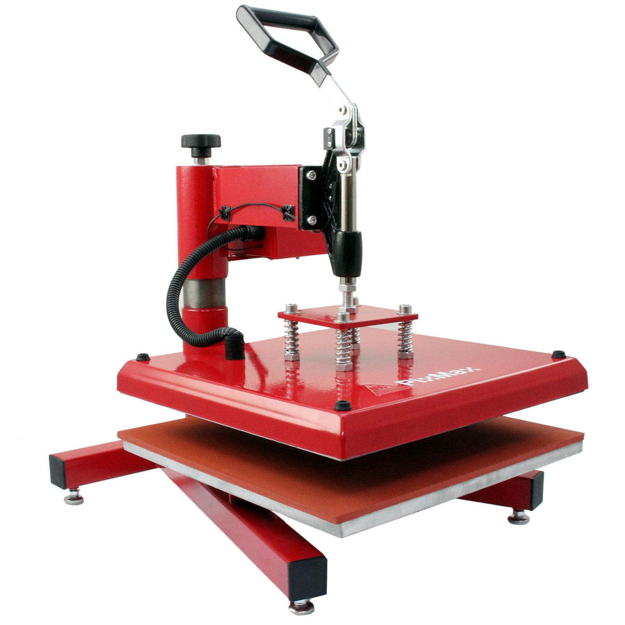 Red PixMax 38cm swing heat press with a sturdy base, adjustable handle, and smooth pressing surface for vinyl applications