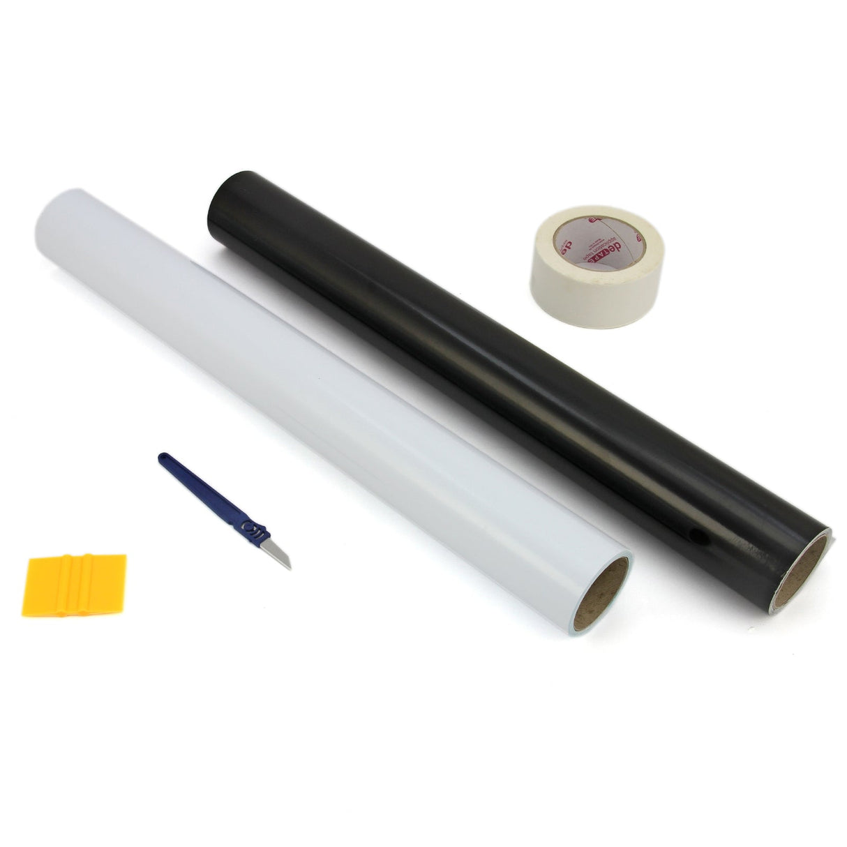 Two rolls of vinyl in black and white, a craft knife, a squeegee, and tape, ideal for heat press and vinyl cutting projects