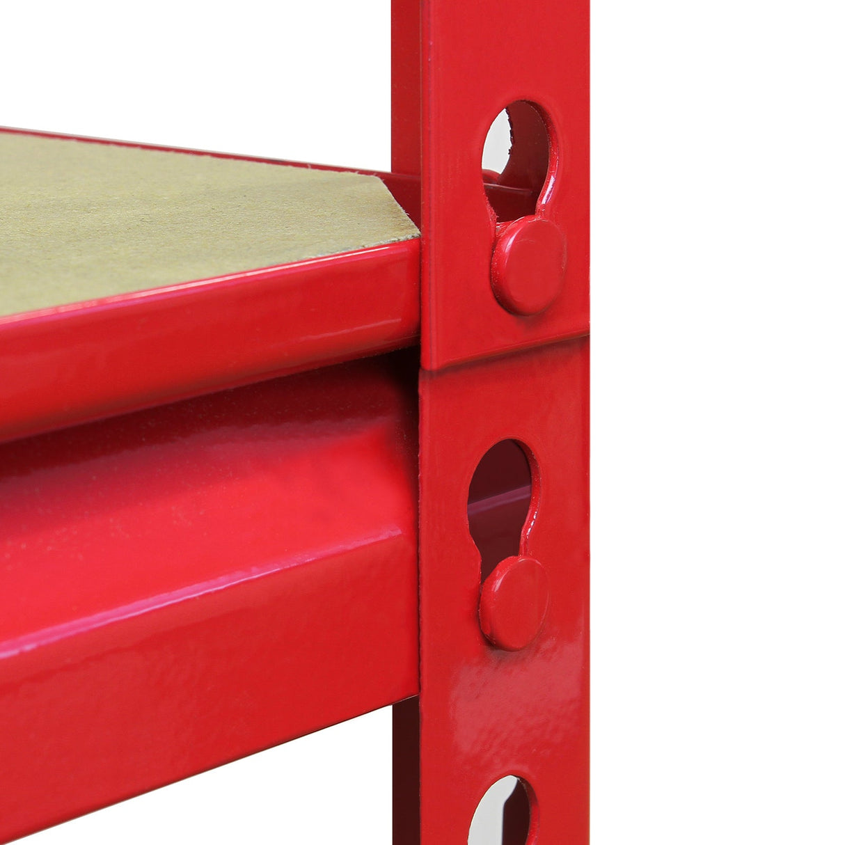 Red metal corner storage shelf unit with sturdy wooden shelves, featuring a sleek design and durable construction for optimal organization