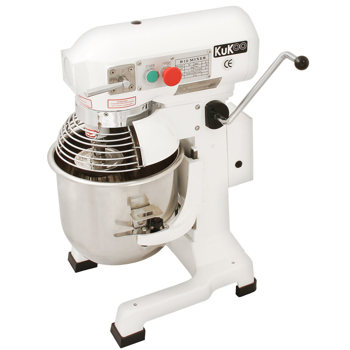 Commercial 10L planetary food mixer with a stainless steel bowl, white body, and adjustable speed control for efficient mixing