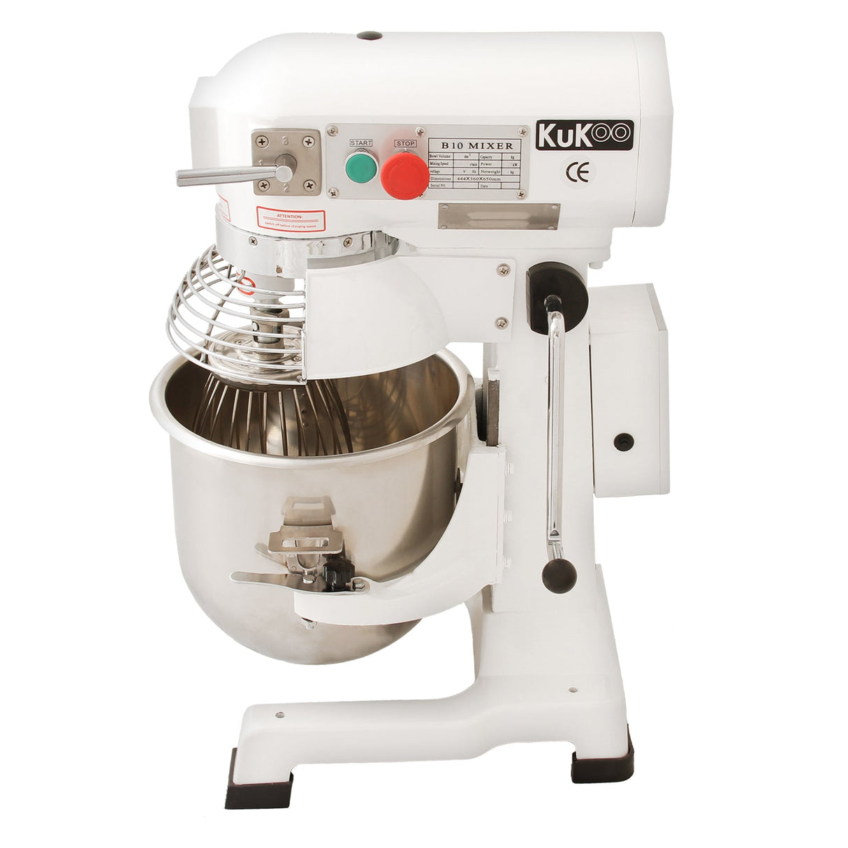 Commercial 10L planetary food mixer with a stainless steel bowl, white body, and metal whisk attachment, ideal for baking and cooking tasks