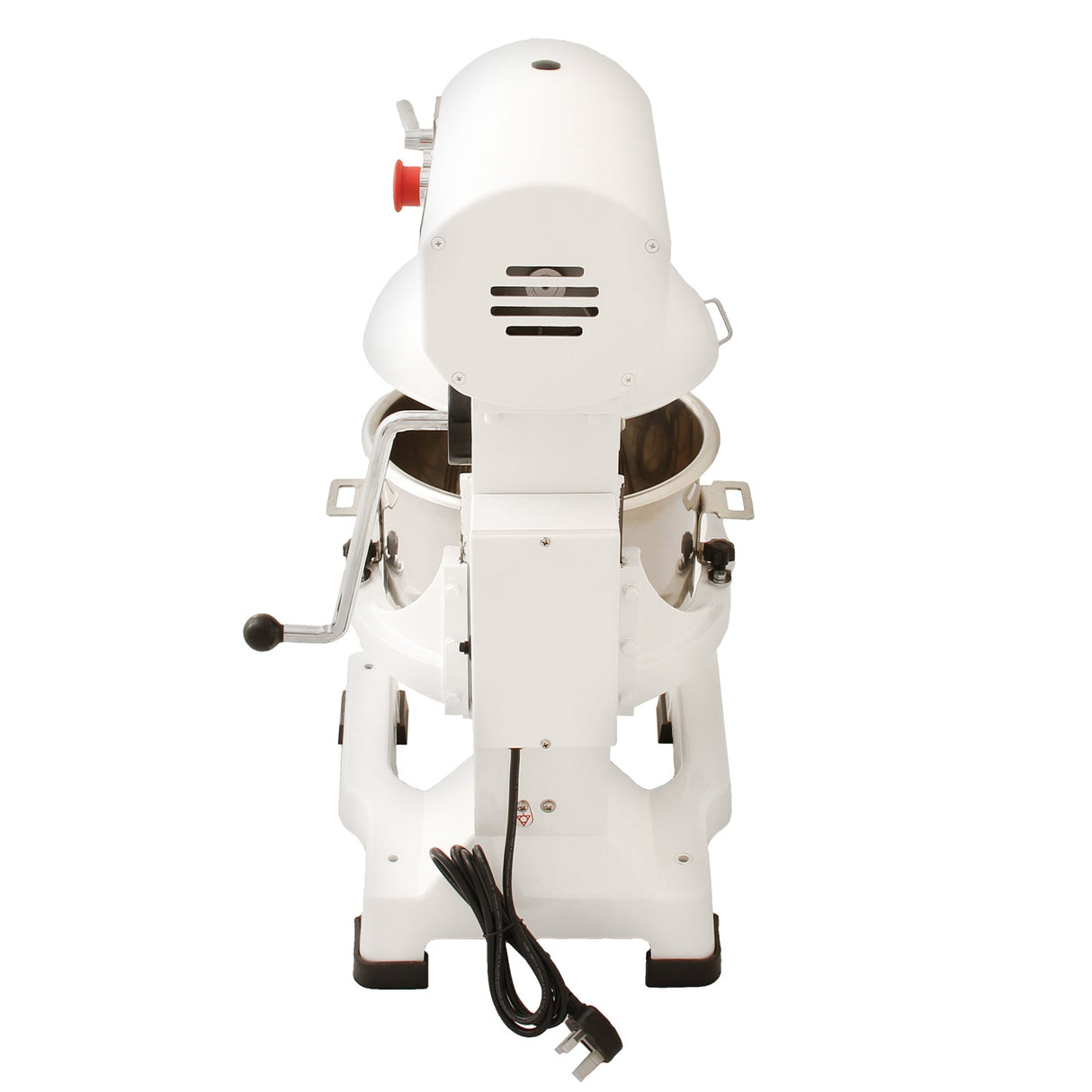 White commercial planetary food mixer with a 10L stainless steel bowl, featuring a red control knob and sturdy base for stability