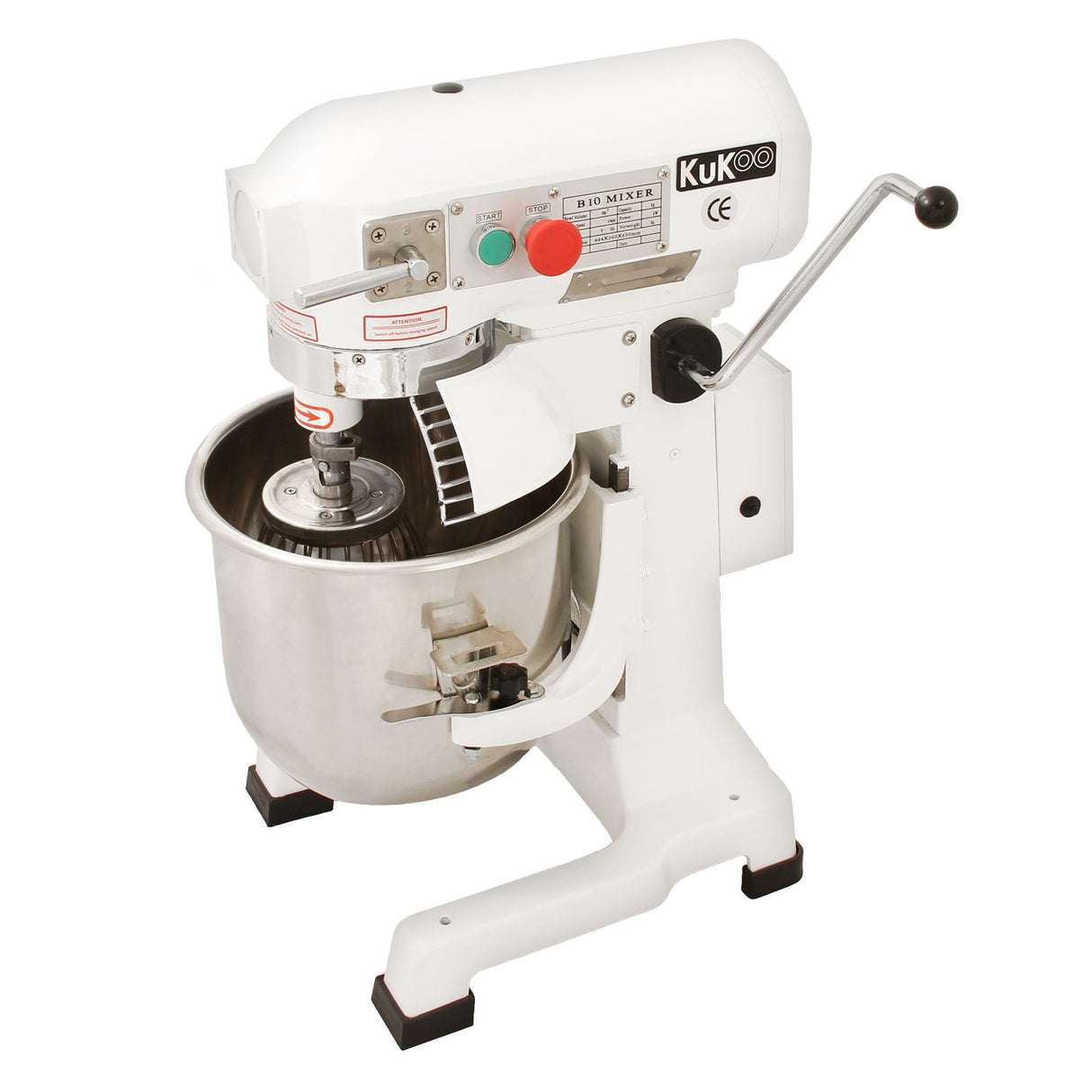 Commercial 10L planetary food mixer with a stainless steel bowl, white body, and red and green control buttons for easy operation