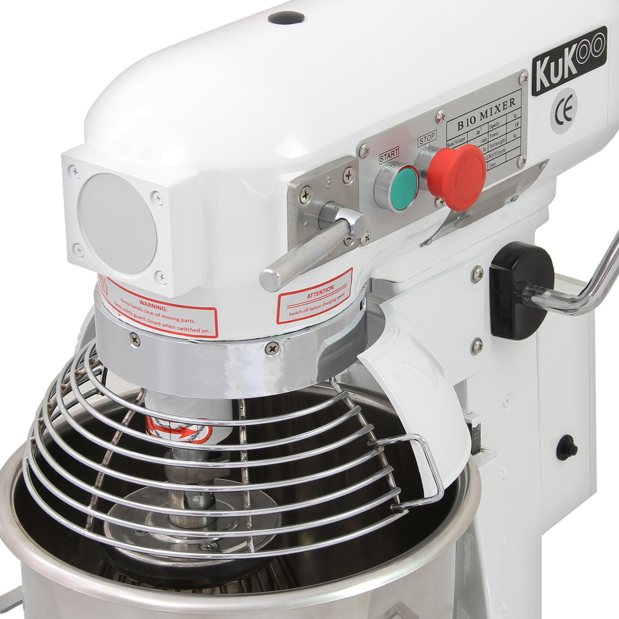 Commercial 10L planetary food mixer with a stainless steel bowl, chrome spiral whisk, and a sleek white body featuring red and green controls