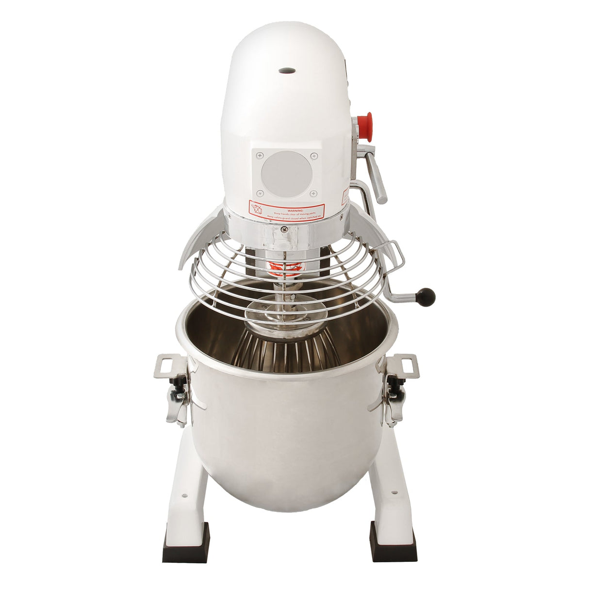 Commercial 15L planetary food mixer with a white body, stainless steel bowl, and spiral whisk attachment for efficient mixing